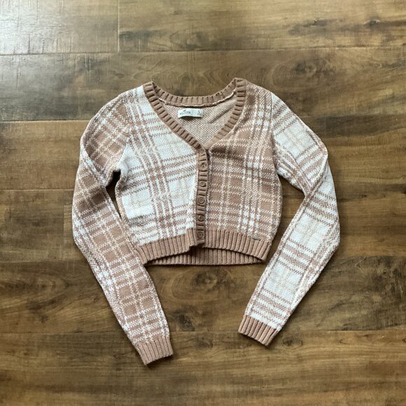 Hollister Cropped Cardigan Plaid Knit Sweater Tan White Size Small - Picture 4 of 10
